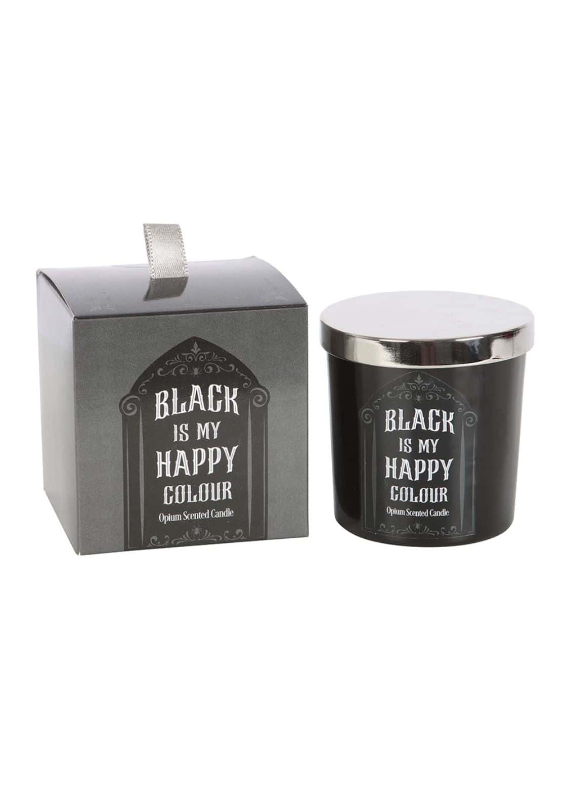 Schwarze duftkerze black is my happy colour mit silberdeckel und weißer ornamentalschrift in passender verpackung für dark aesthetic und black opium fans